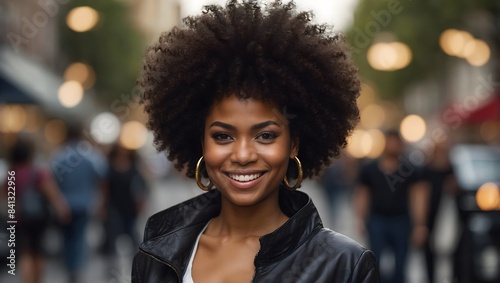 portrait of smiling black woman with an afro hairstyle on the street
