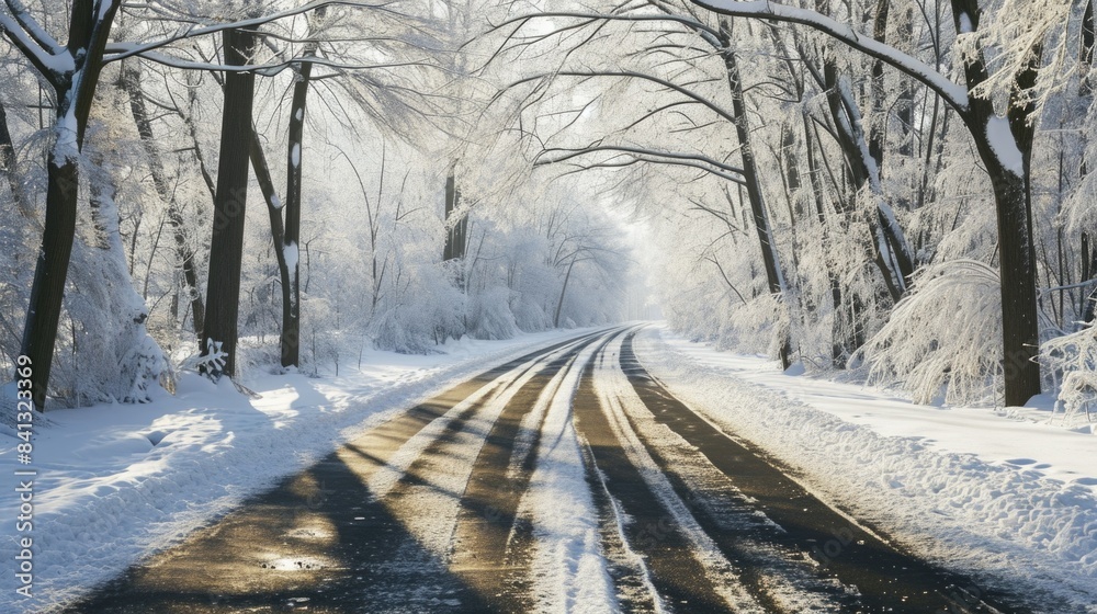 A snowy road surrounded by trees in a winter forest scene A snowy road surrounded by trees in a winter forest scene
