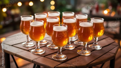 Collection of Beer Glasses on Wooden Table at Night