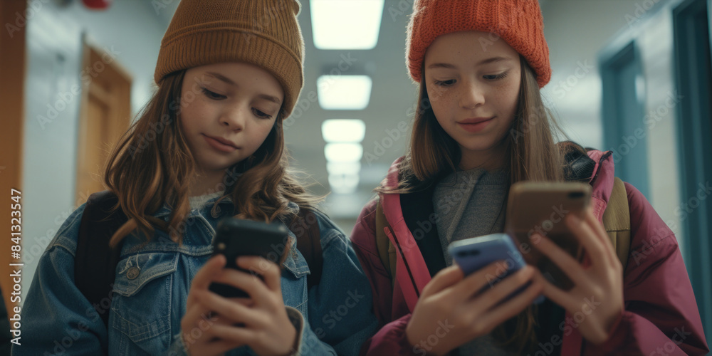 Fototapeta premium Two young girls checking their mobile devices