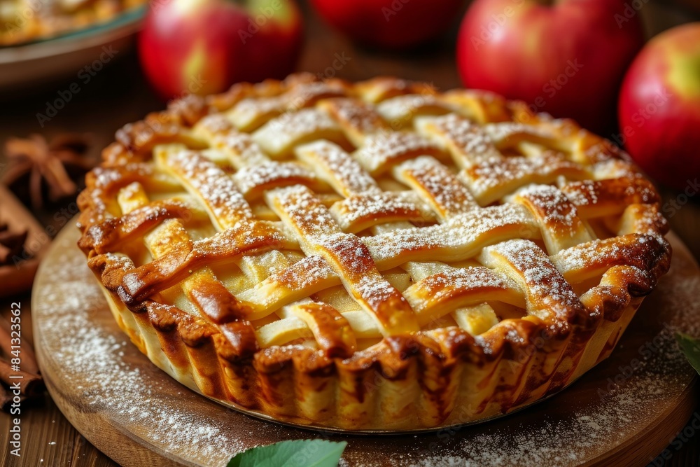 Close-up of a delicious apple pie with a lattice crust, sprinkled with powdered sugar Close-up of a delicious apple pie with a lattice crust, sprinkled with powdered sugar