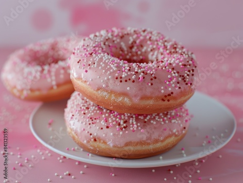 A plate featuring two pink donuts with colorful sprinkles