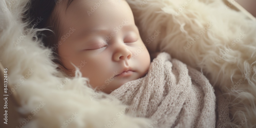 A tiny baby snugly wrapped in multiple layers of blankets, with its face peeking out A tiny baby snugly wrapped in multiple layers of blankets, with its face peeking out