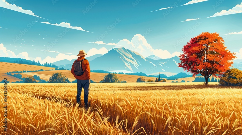 Fototapeta premium The farmer is harvesting wheat in the field, with trees nearby and mountains in the distance