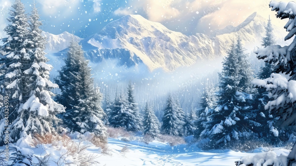 A serene snowy mountain landscape with towering trees and snow-covered peaks A serene snowy mountain landscape with towering trees and snow-covered peaks