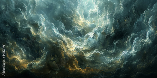 Abstract stormy cloudscape with swirling clouds and dramatic lighting, creating a mesmerizing and dynamic depiction of turbulent weather in a surreal, atmospheric style..