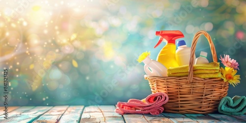 A basket filled with various cleaning products and tools on a wooden table