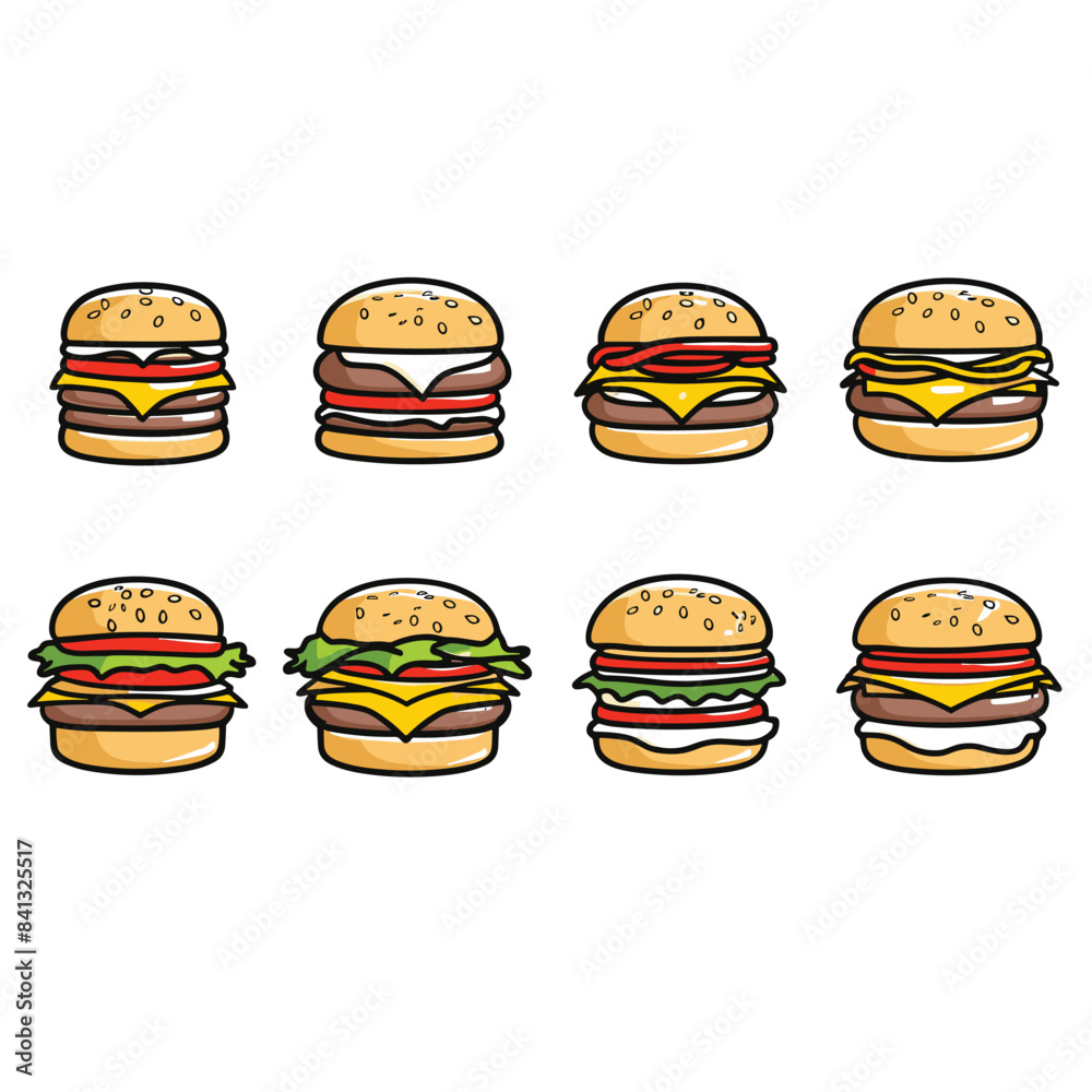 Row cartoon hamburgers, varying cheeseburger designs indicated different toppings cheese placement. Fast food cartoon cheeseburgers, colorful toppings, sesame seed buns, cheese melting elements