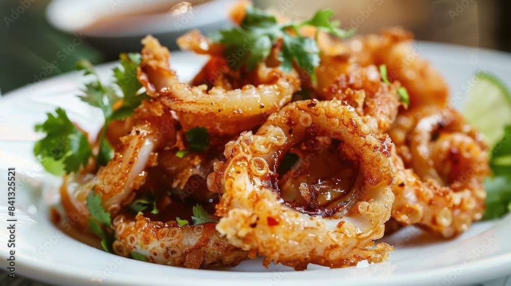 Deep fried squid with fresh coriander garnish Deep fried squid with fresh coriander garnish