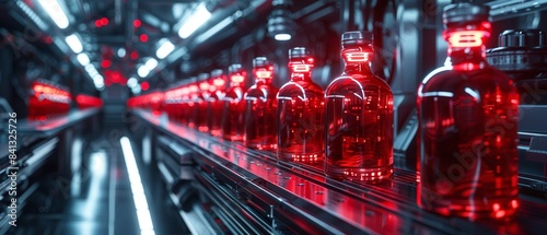 Assembly line with red bottles  SciFi  Electric red  Digital art  Hightech environment and sleek design 8K   high-resolution  ultra HD up32K HD