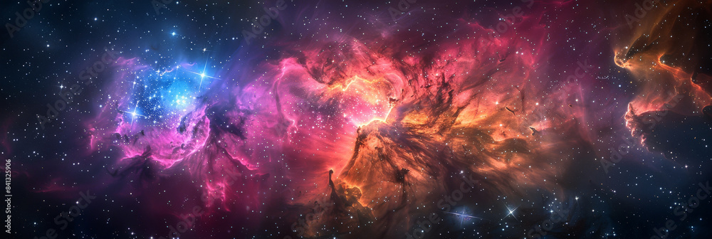 Obraz premium Vibrant cosmic nebula in deep space with swirling colors and sparkling stars, showcasing the beauty and grandeur of the universe in a mesmerizing, celestial scene..