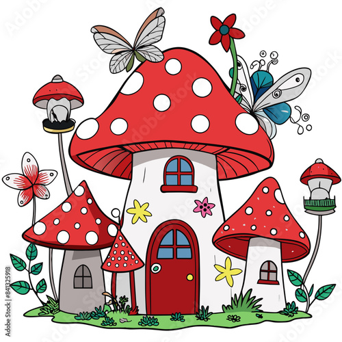 Whimsical fairy forest with glowing mushrooms, fluttering fairies, and a magical treehouse, in a colorful and enchanting style