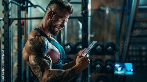 A muscular man with tattoos checks his workout plan on a tablet in a gym. photo
