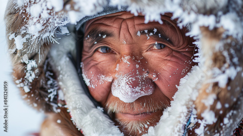 Close up portrait of an Inuit Tribe member, focusing on his expressionless face and details of his traditional costume, frozen ice background with sparkling snow, Ai generated Images photo