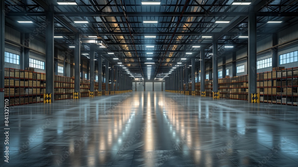 Vast Warehouse with Organized Shelving. Vast warehouse featuring organized shelving and bright lighting, ideal for efficient storage and inventory management.