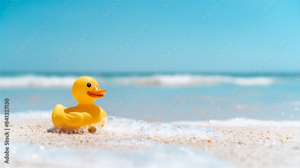 Beach with yellow duck toy in sunny day. Summer holiday illustration Beach with yellow duck toy in sunny day. Summer holiday illustration
