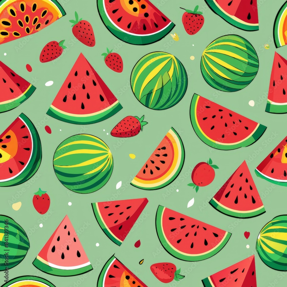 Seamless pattern of hand-drawn watermelons with whole fruits, slices, and seeds, Generative AI Seamless pattern of hand-drawn watermelons with whole fruits, slices, and seeds, Generative AI