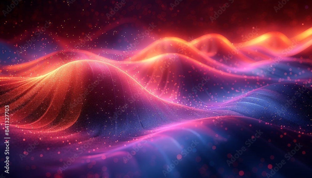 A mesmerizing abstract scene featuring wavy light patterns in vibrant colors, adorned with sparkling particles, creating a dynamic and ethereal effect. A mesmerizing abstract scene featuring wavy light patterns in vibrant colors, adorned with sparkling particles, creating a dynamic and ethereal effect.