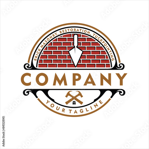 Emblem construction logo concept premium quality vector design with carpentry tools, bricks, hexagon design icon, construction logo