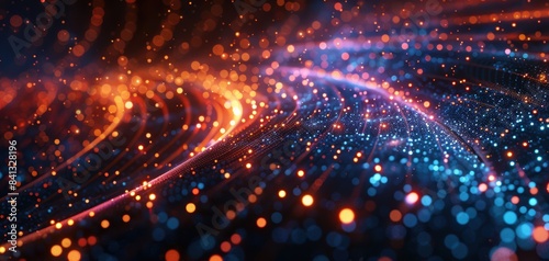 Vibrant abstract background with glowing particles in orange and blue tones, creating a dynamic and futuristic visual effect.