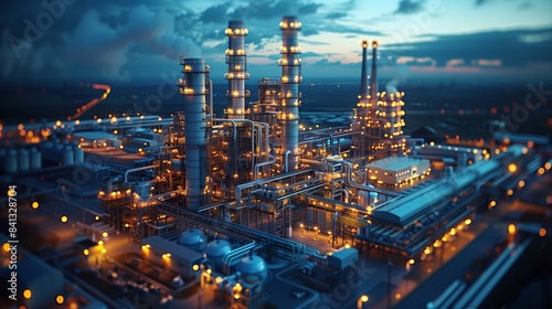 Wallpaper Mural Illuminated Industrial Refinery at Dusk. Expansive industrial refinery illuminated at dusk, featuring complex piping systems, tall towers, and glowing lights. Torontodigital.ca