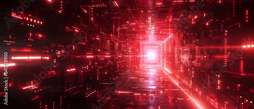 Red glowing frames in dark room, SciFi, Electric red, Digital art, Hightech atmosphere and luminous effect 8K , high-resolution, ultra HD,up32K HD