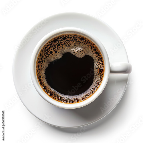 Top-down view of a freshly brewed cup of black coffee on a white saucer, epitomizing a revitalizing summer morning or a cozy cafe terrace