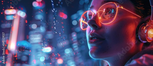 Wallpaper Mural Woman wearing neon glasses and headphones, immersed in vibrant cyber cityscape at night with holographic elements. Torontodigital.ca