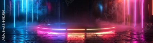 Round stage with rainbow light, Cyberpunk, Neon accents, 3D render, Futuristic ambiance and sparkling effects 8K , high-resolution, ultra HD,up32K HD photo