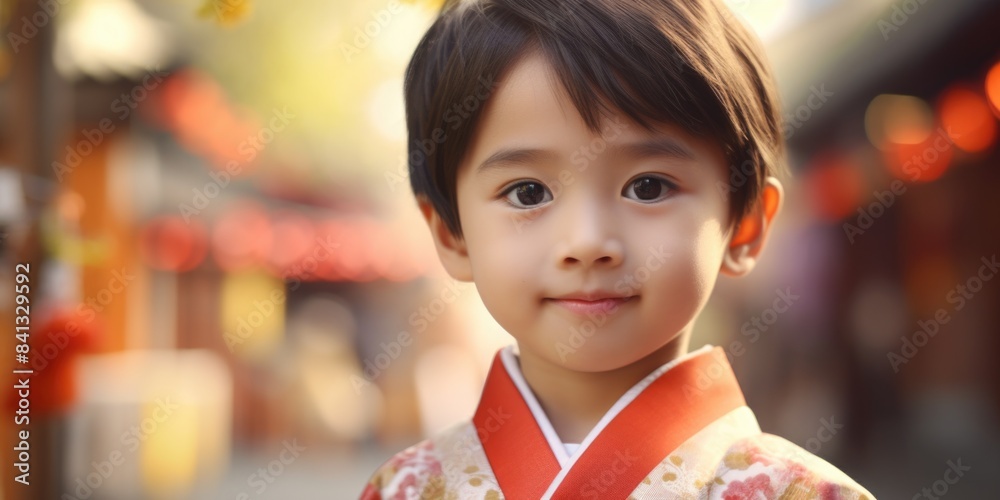 A young girl wearing a traditional Japanese kimono looks directly at the camera with a curious expression A young girl wearing a traditional Japanese kimono looks directly at the camera with a curious expression
