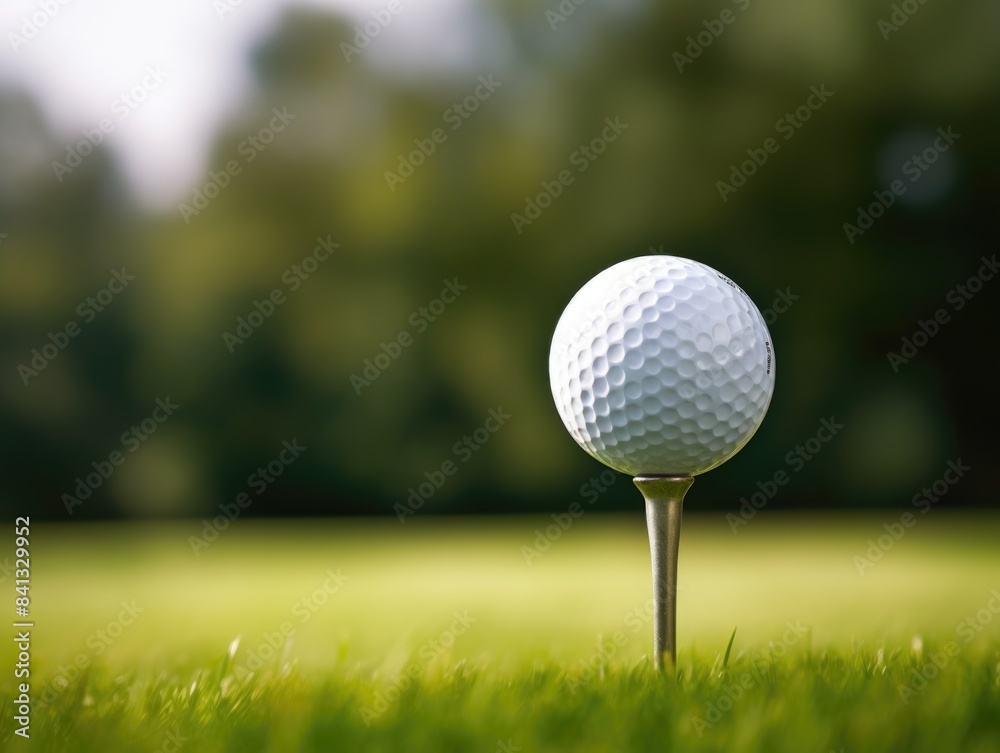 A single golf ball placed on a tee in green grass A single golf ball placed on a tee in green grass