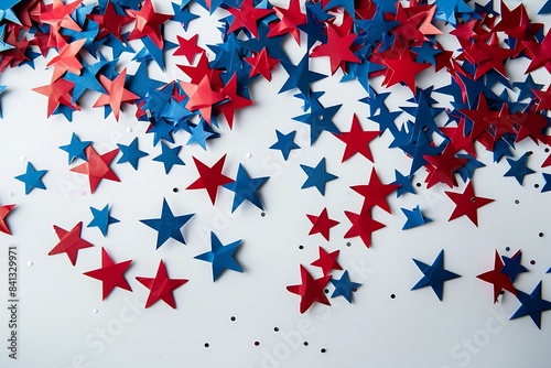 Bright American star confetti in red and blue, elegantly displayed against a white background.