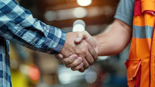 Two male employees share a handshake to confirm their collaboration at a worksite or in a manufacturing facility The atmosphere is both professional and amicable