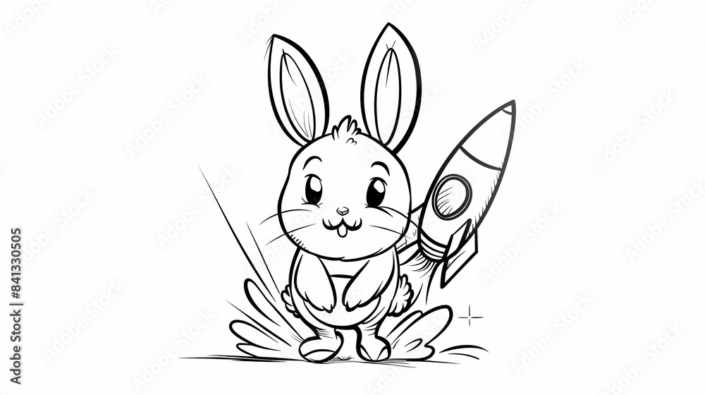 Fototapeta premium Coloring pictures of a cute bunny with a rocket standing in a cheerful pose.