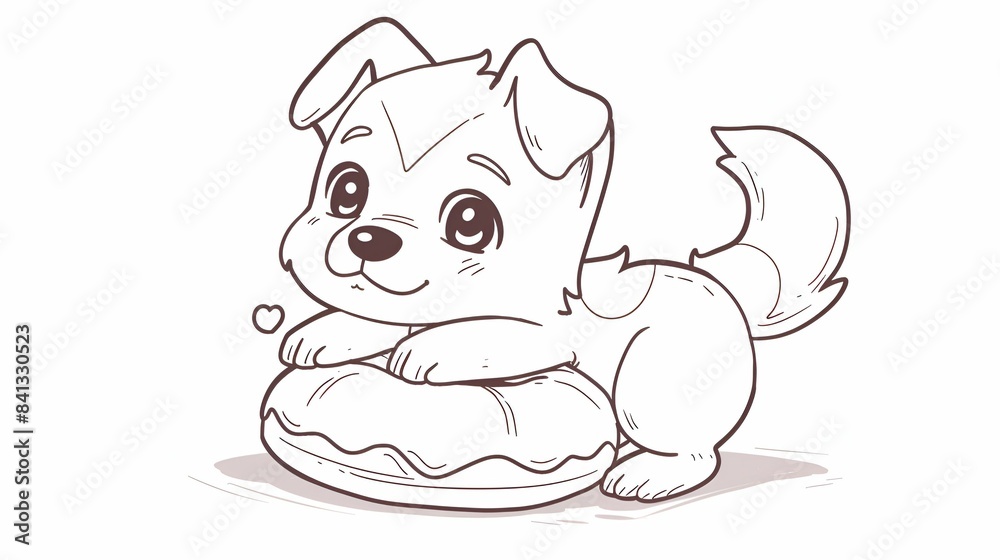 Obraz premium Coloring pictures of a cute puppy lying on a doughnut with a heart nearby.