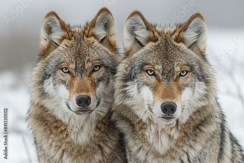 Two wolves standing on a white background, high quality, high resolution