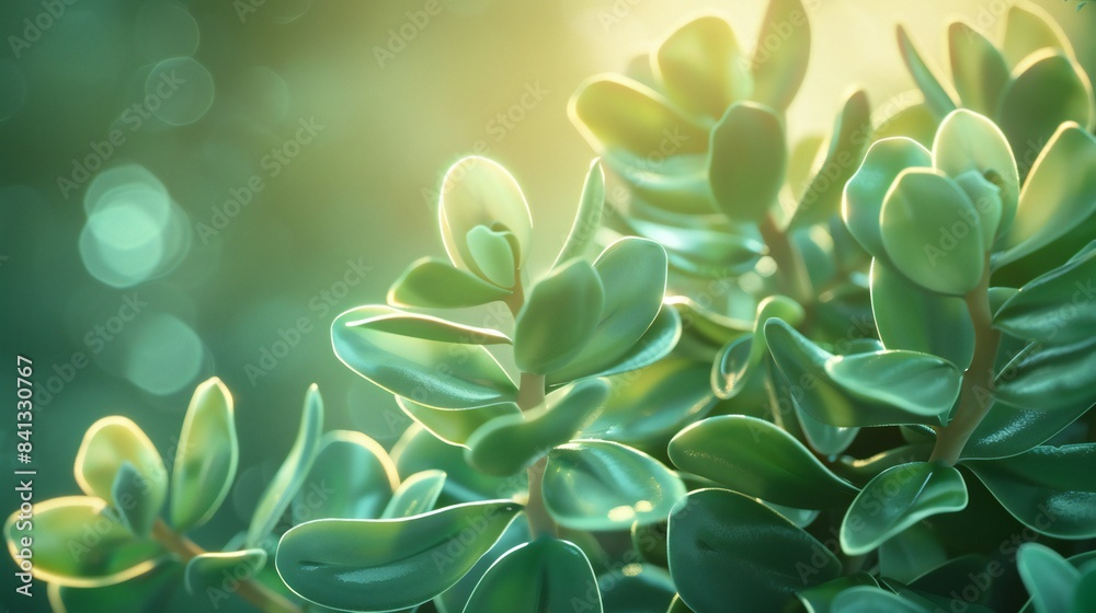 Jade Elegance: Macro shot of Jade plant on a serene backdrop evokes tranquility.