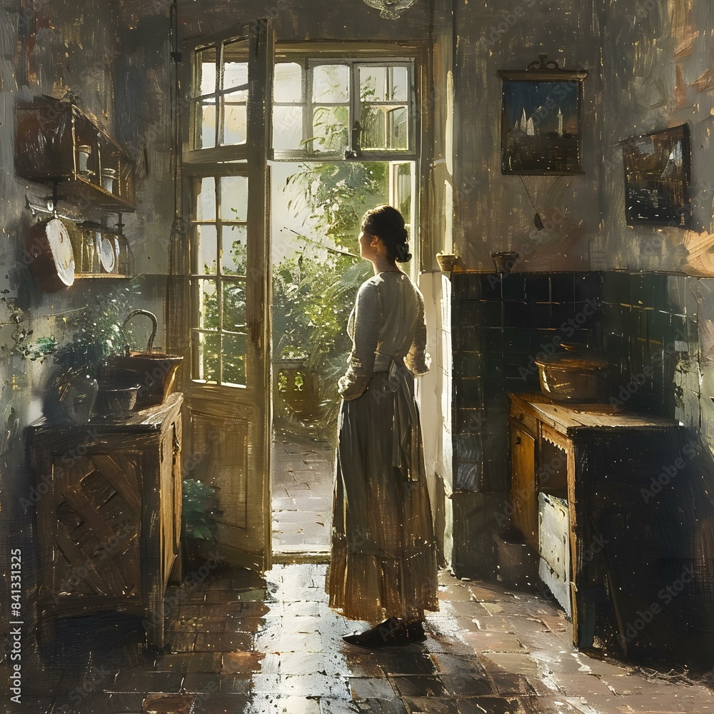 A woman standing in a doorway looking out at a garden A woman standing in a doorway looking out at a garden