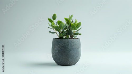Jade plant in grey pot on white background.