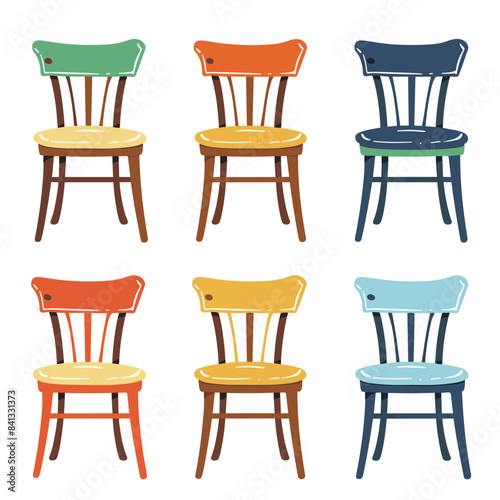 Collection colorful chairs, variety six wooden chairs different colored seats backrests. Simple flat style furniture design, colorful seating options interior decorating