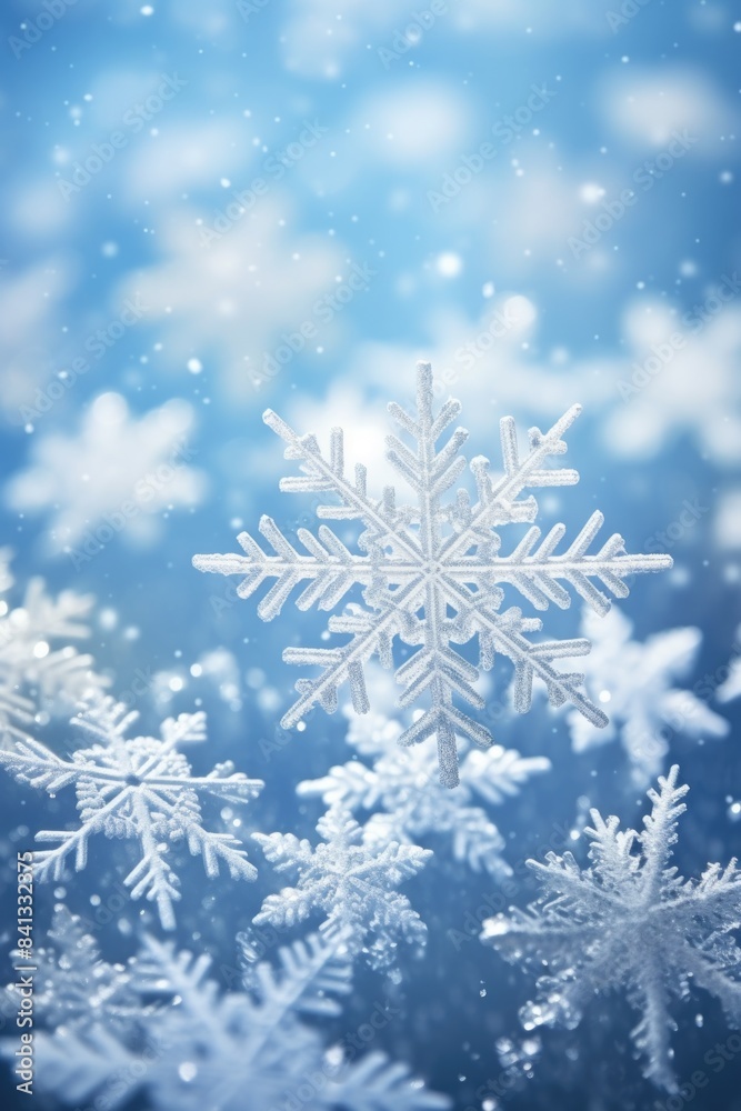 A single snowflake on a bright blue background, surrounded by more falling snowflakes A single snowflake on a bright blue background, surrounded by more falling snowflakes
