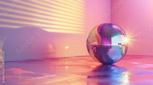 Disco ball sphere with colorful disco lights for party nights , wallpaper background with copy space.Generative AI