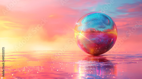 Disco ball sphere with colorful disco lights for party nights , wallpaper background with copy space.Generative AI