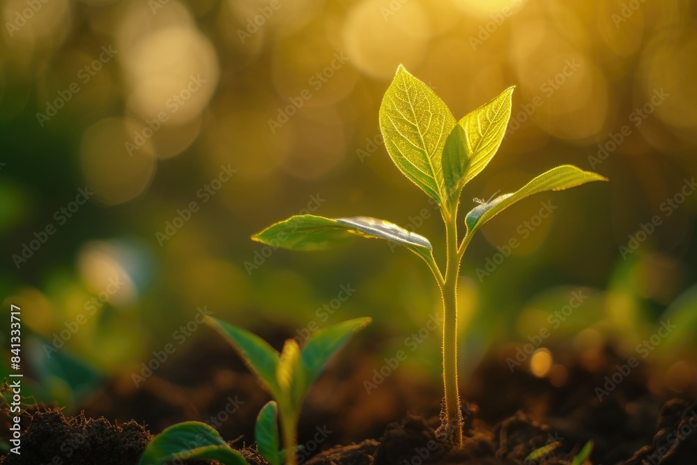 A tiny plant grows out of the ground, with green leaves and roots visible A tiny plant grows out of the ground, with green leaves and roots visible