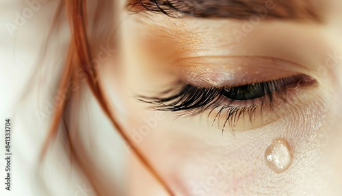 Closed eyelid closeup with a teardrop on eyelashes - Sad woman concept. Macro close-up of a tear on eyelashes. Tear runs down her cheek. Tinted beige, sad woman crying, emotional sadness concept photo