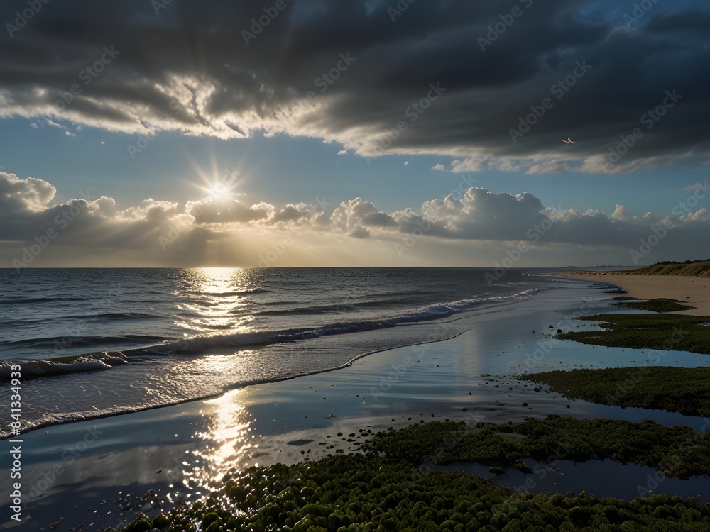 Fototapeta premium Scenic Sunset Over a Calm Ocean with Waves and Clouds, Perfect for Travel, Nature, and Relaxation-Themed Stock Photography