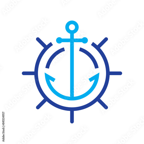 Logo nautical. Silueta con líneas de volante de timón y ancla de barco