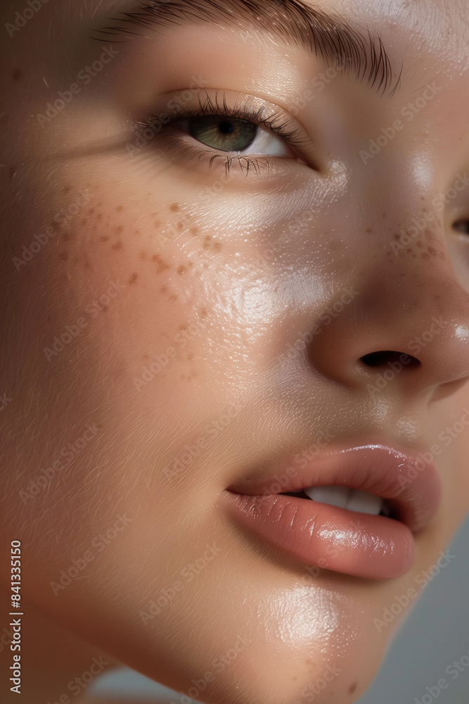Detailed Close-Up of a Young Woman in Her 20s with Glowing, Healthy Skin, Without Makeup Detailed Close-Up of a Young Woman in Her 20s with Glowing, Healthy Skin, Without Makeup