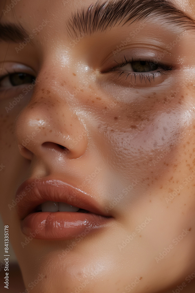 Fototapeta premium Detailed Close-Up of a Young Woman in Her 20s with Glowing, Healthy Skin, Without Makeup