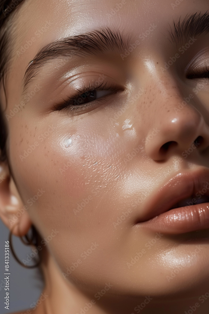 Detailed Close-Up of a Young Woman in Her 20s with Glowing, Healthy Skin, Without Makeup Detailed Close-Up of a Young Woman in Her 20s with Glowing, Healthy Skin, Without Makeup